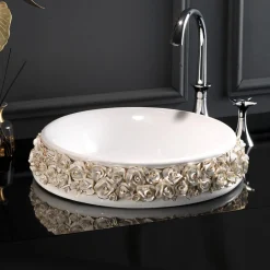 Viadurini Bathroom Keramikwaschbecken-Porzellanwaschbecken mit handapplizierten Blütenblättern, hergestellt in Italien – Amarone