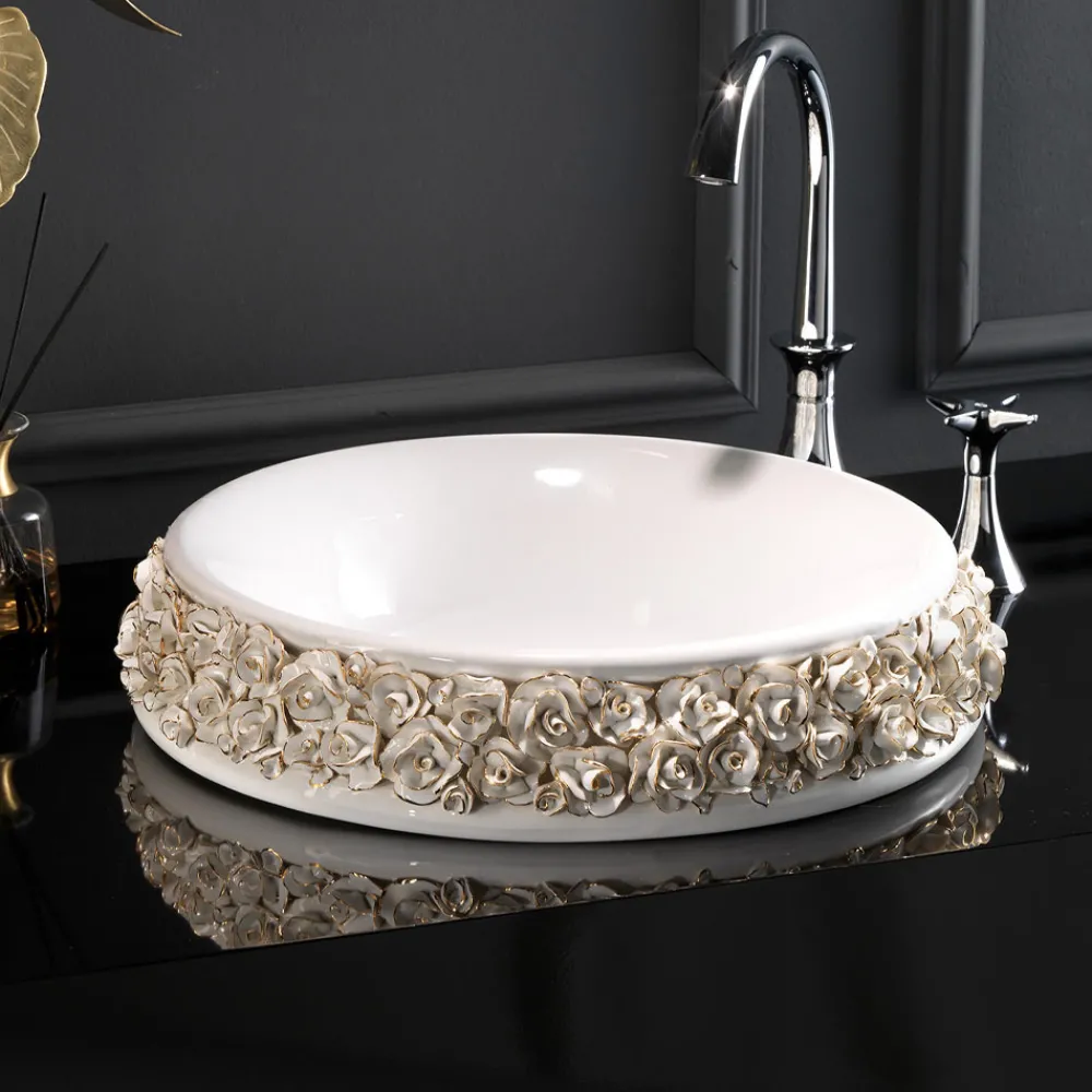 Viadurini Bathroom Keramikwaschbecken-Porzellanwaschbecken mit handapplizierten Blütenblättern, hergestellt in Italien – Amarone