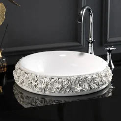 Viadurini Bathroom Keramikwaschbecken-Porzellanwaschbecken mit handapplizierten Blütenblättern, hergestellt in Italien – Amarone