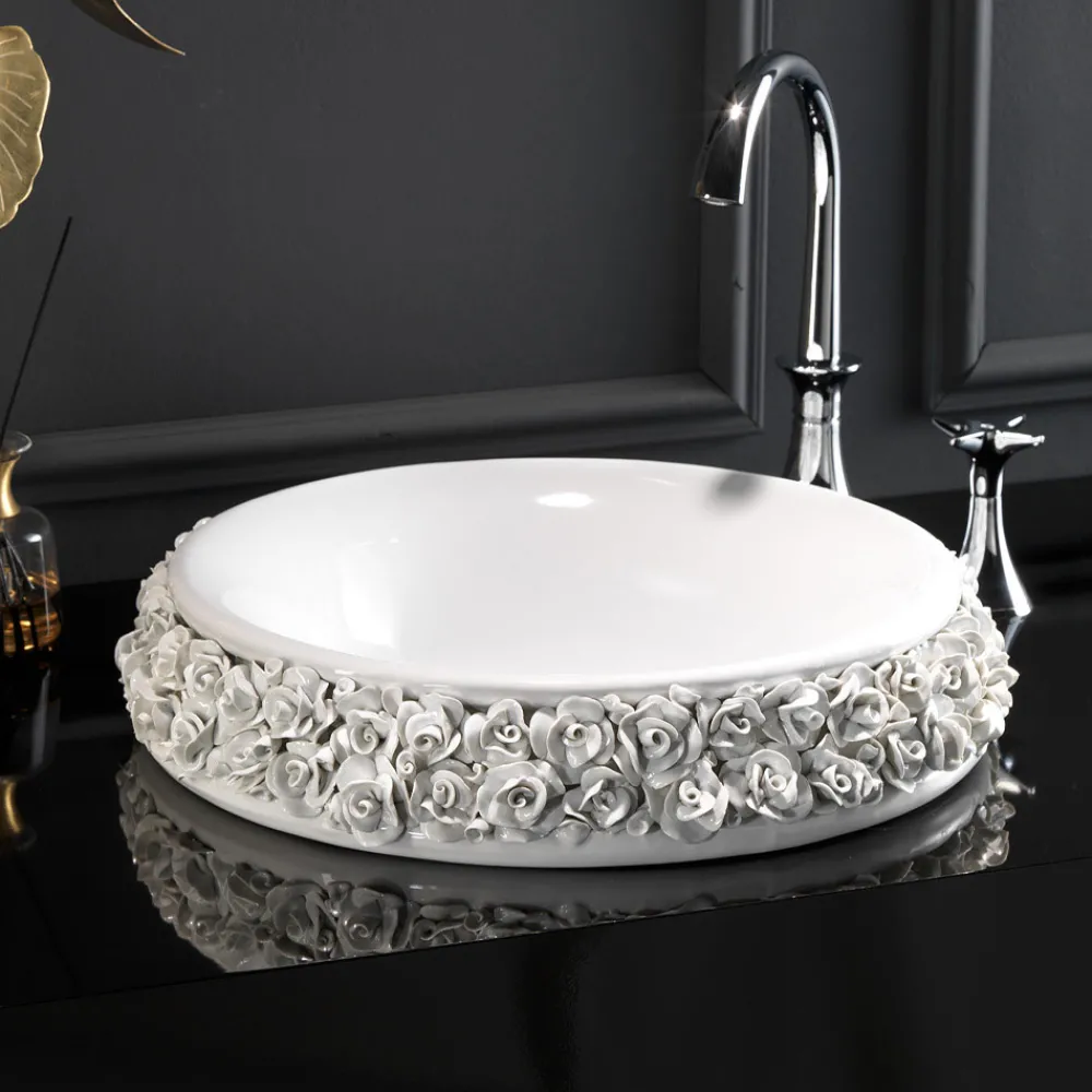 Viadurini Bathroom Keramikwaschbecken-Porzellanwaschbecken mit handapplizierten Blütenblättern, hergestellt in Italien – Amarone