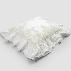 Viadurini Textile Kissenbezüge-Quadratischer Kissenbezug aus weißem Leinen mit dekorativer Spitze an den Kanten und Volants - Priscilla
