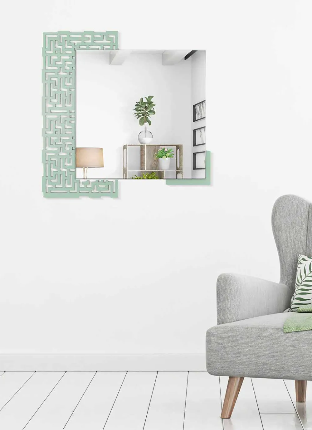 Viadurini Decor Wandspiegel-Quadratischer Wandspiegel des modernen Designs in verziertem grünem Holz - Labyrinth