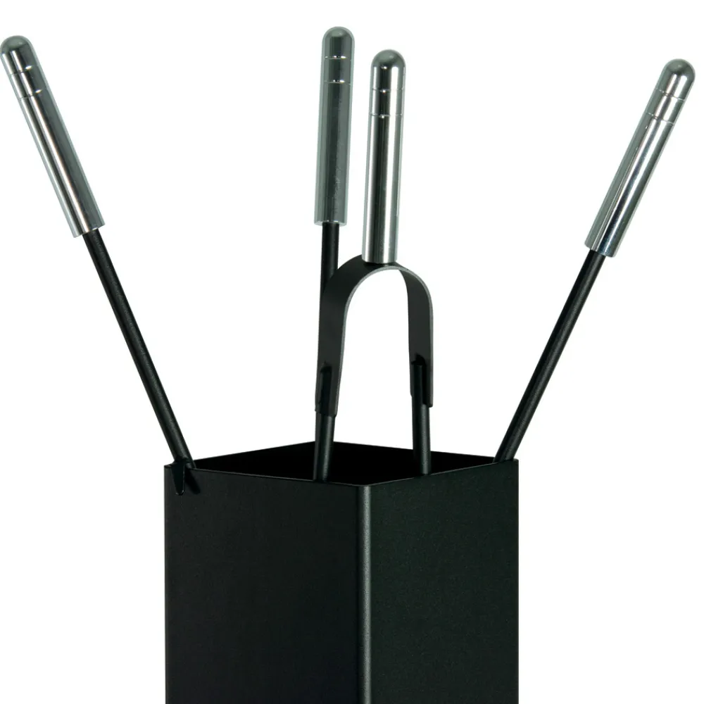 Viadurini Fire Design Kaminbesteck-Quadratischer Werkzeughalter aus Metall und 4 Zubehörteile, hergestellt in Italien – Iena