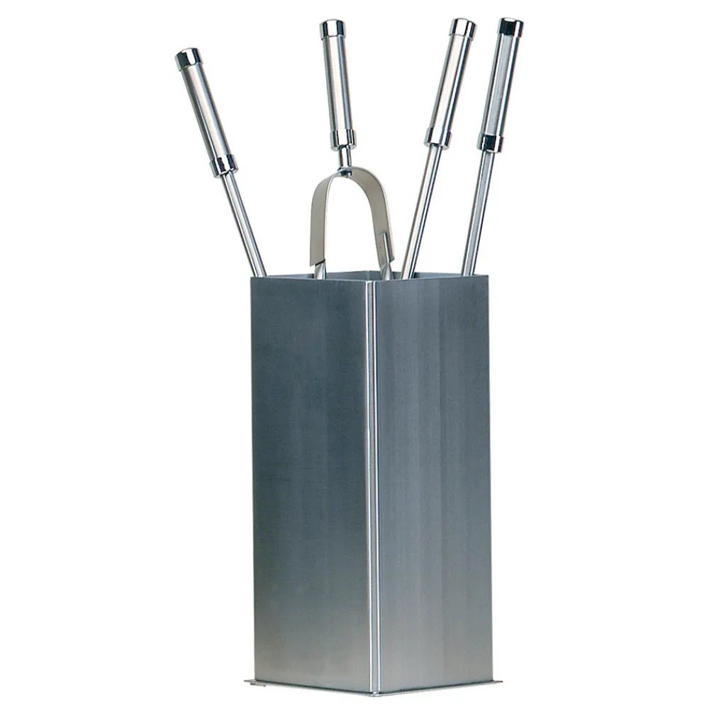 Viadurini Fire Design Kaminbesteck-Quadratischer Werkzeughalter aus Edelstahl und 4 Zubehörteile, hergestellt in Italien – Iena
