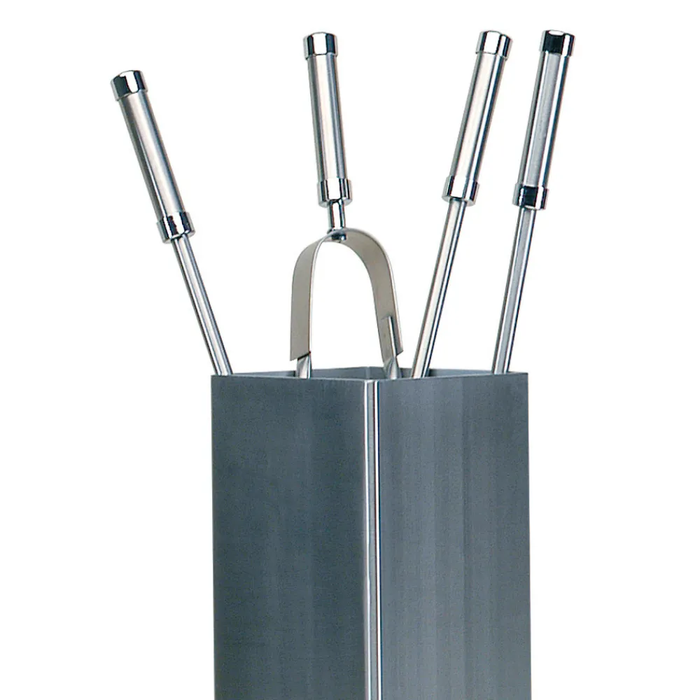 Viadurini Fire Design Kaminbesteck-Quadratischer Werkzeughalter aus Edelstahl und 4 Zubehörteile, hergestellt in Italien – Iena