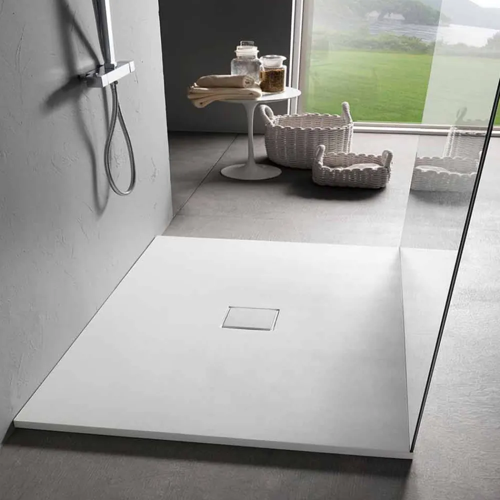 Viadurini Bathroom Quadratische Duschwannen-Quadratisches Design Duschwanne 90x90 in Samt-Effekt aus weißem Harz - Estimo