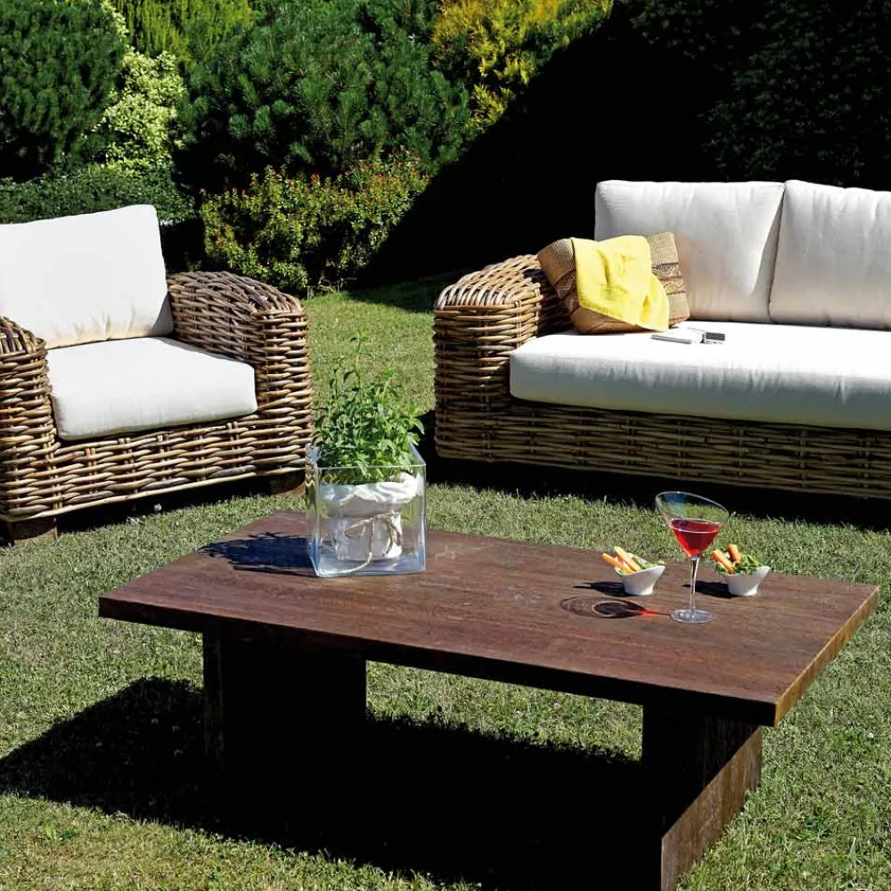 Viadurini in the Garden Garten Lounge Set-Rattan-Gartenlounge mit Couchtisch und Kissen aus Holz - Hugues