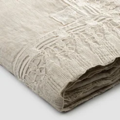 Viadurini Textile Tischdecken-Rechteckige beige Leinentischdecke mit luxuriösem Quasten-Spitzenrahmen - Reißverschluss