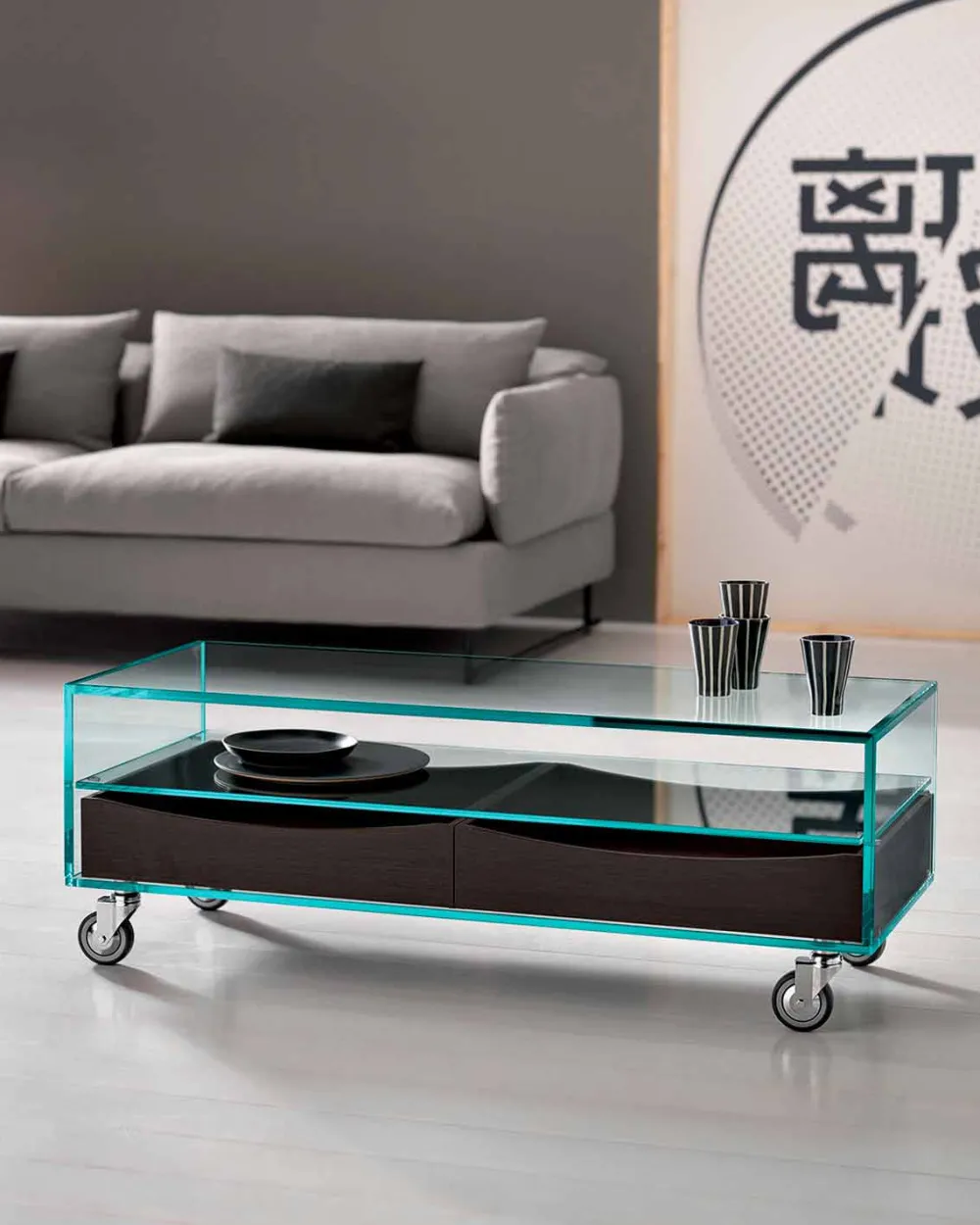 Viadurini Living Moderne Couchtische-Rechteckiger Couchtisch aus extraklarem Glas mit Schubladen Made in Italy - Ganzo