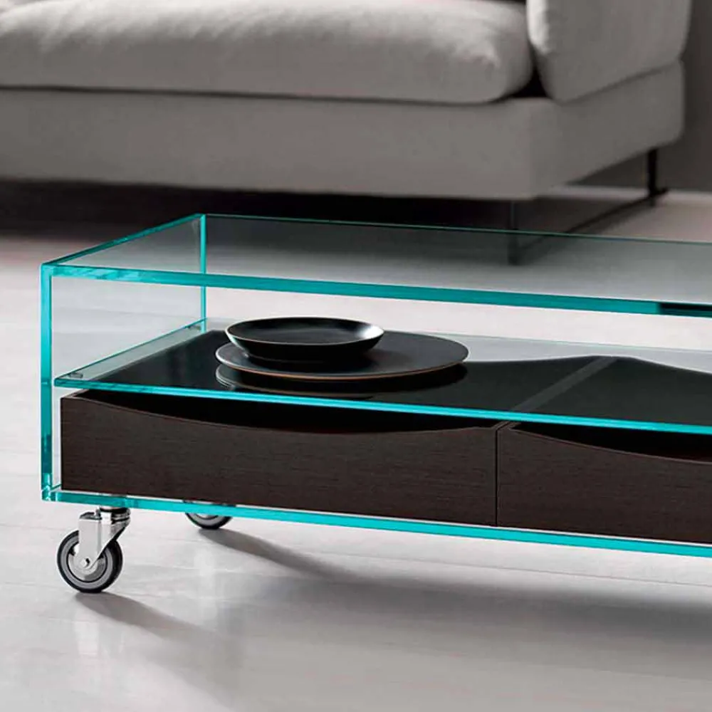 Viadurini Living Moderne Couchtische-Rechteckiger Couchtisch aus extraklarem Glas mit Schubladen Made in Italy - Ganzo