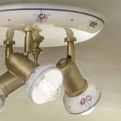 Ferroluce Vintage Deckenleuchten-Runde Deckenleuchte 3 Strahler aus Messing und handbemalter Keramik - Savona
