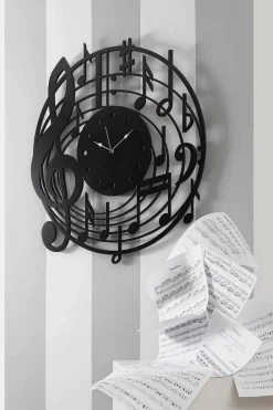 Viadurini Time Design Wanduhren-Runde schwarze Wanduhr des modernen Designs in verziertem Holz - Musik