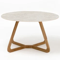 Viadurini in the Garden Gartentische Fest|Gartentische Aus Teakholz-Runder Gartentisch aus Travertino Chiaro-Keramik Made in Italy - Pegaso