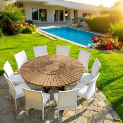 Viadurini in the Garden Gartentische Aus Teakholz-Runder Gartentisch mit Drehplatte aus Teak und Massivholz