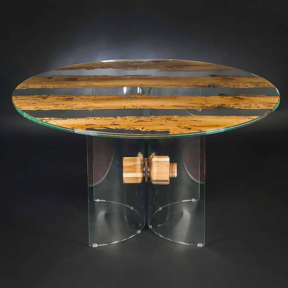 Viadurini Living Esstische Nach Mass|Runde Tische-Runder Tisch aus Briccola Holz und Glas Venezia