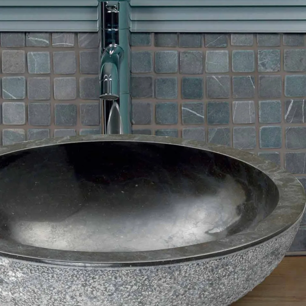 Viadurini Bathroom Steinwaschbecken-Rundes Aufsatzwaschbecken aus schwarzen Naturstein Pai Modell