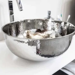 Viadurini Bathroom Metallwaschbecken-Rundes Aufsatzwaschbecken aus gehämmertem Chrommessing - Diamond