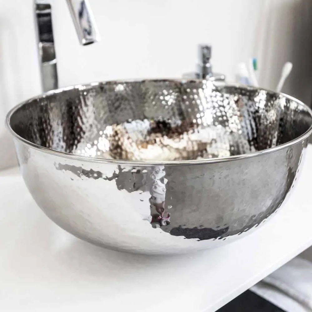 Viadurini Bathroom Metallwaschbecken-Rundes Aufsatzwaschbecken aus gehämmertem Chrommessing - Diamond