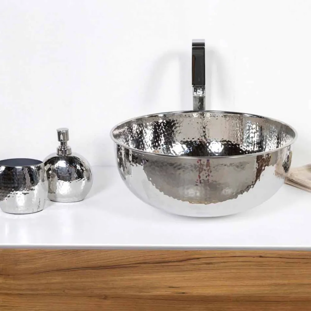 Viadurini Bathroom Metallwaschbecken-Rundes Aufsatzwaschbecken aus gehämmertem Chrommessing - Diamond