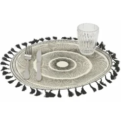 Viadurini Kitchen Amerikanische Tischsets-Rundes Frühstücks-Tischset aus Jute mit schwarzen Fransen 12 Stück - Casside