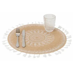 Viadurini Kitchen Amerikanische Tischsets-Rundes Frühstücks-Tischset aus Jute und 3 weißen Dekorationen 12 Stück - Cassiode