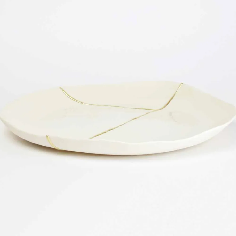 Viadurini Kitchen Deko Artikel Und Wohnaccessoires-Rundes Valet-Tablett aus weißem Porzellan und Blattgold - Cicatroro