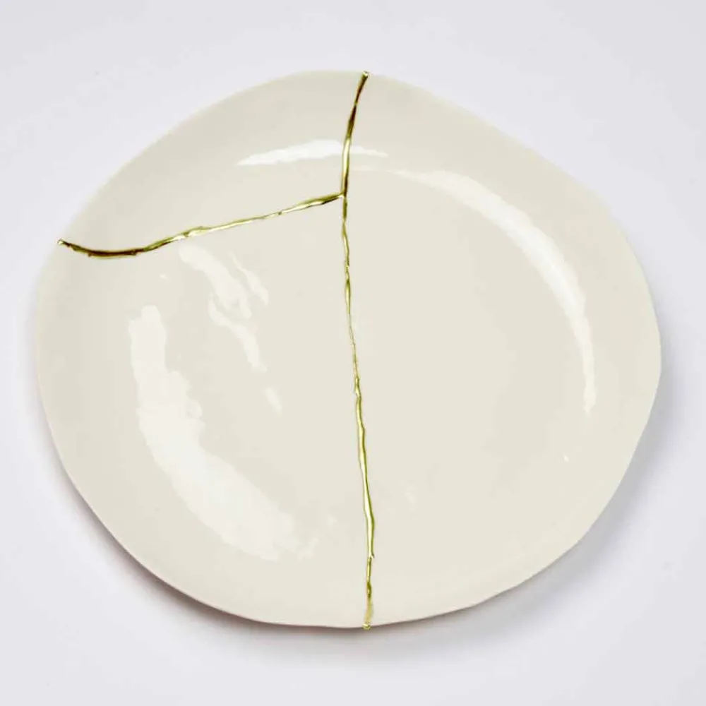 Viadurini Kitchen Deko Artikel Und Wohnaccessoires-Rundes Valet-Tablett aus weißem Porzellan und Blattgold - Cicatroro