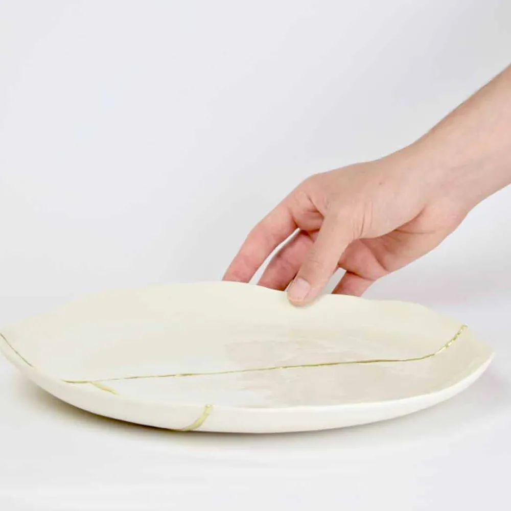 Viadurini Kitchen Deko Artikel Und Wohnaccessoires-Rundes Valet-Tablett aus weißem Porzellan und Blattgold - Cicatroro