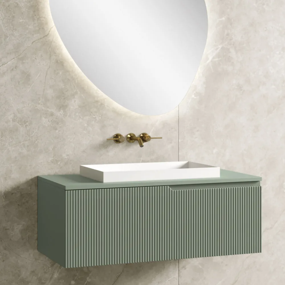 Viadurini Bathroom Badmöbel Hängend-Salbeigrüne Badezimmerkomposition mit Waschbecken aus Kunstharz, hergestellt in Italien – Artemide