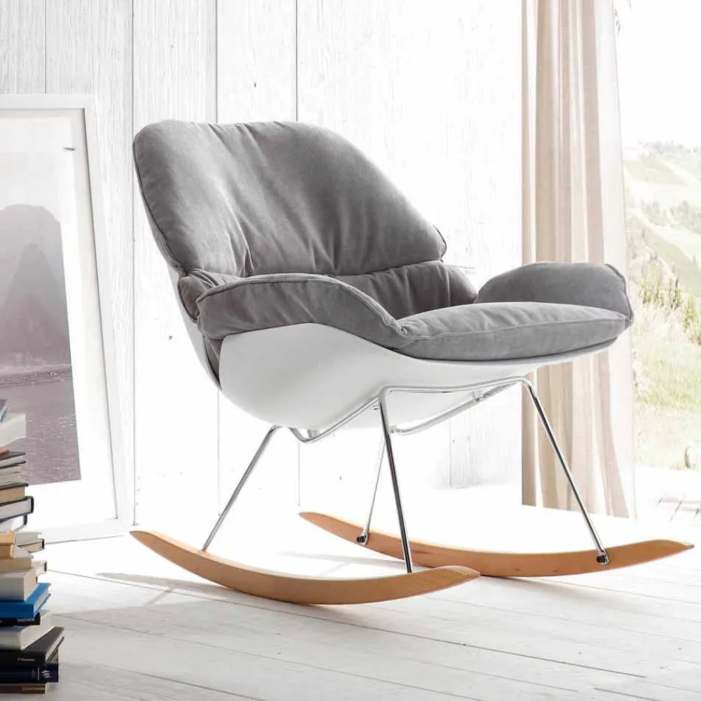 Viadurini Living Moderne Sessel-Schaukelstuhl mit Kissen grau abziehbar aus Akazienholz