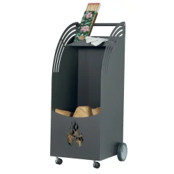 Viadurini Fire Design Kaminholzständer Aus Eisen Und Stahl-Servierwagen aus Metall und Holz mit Regal und 4 Rädern, hergestellt in Italien – Geco