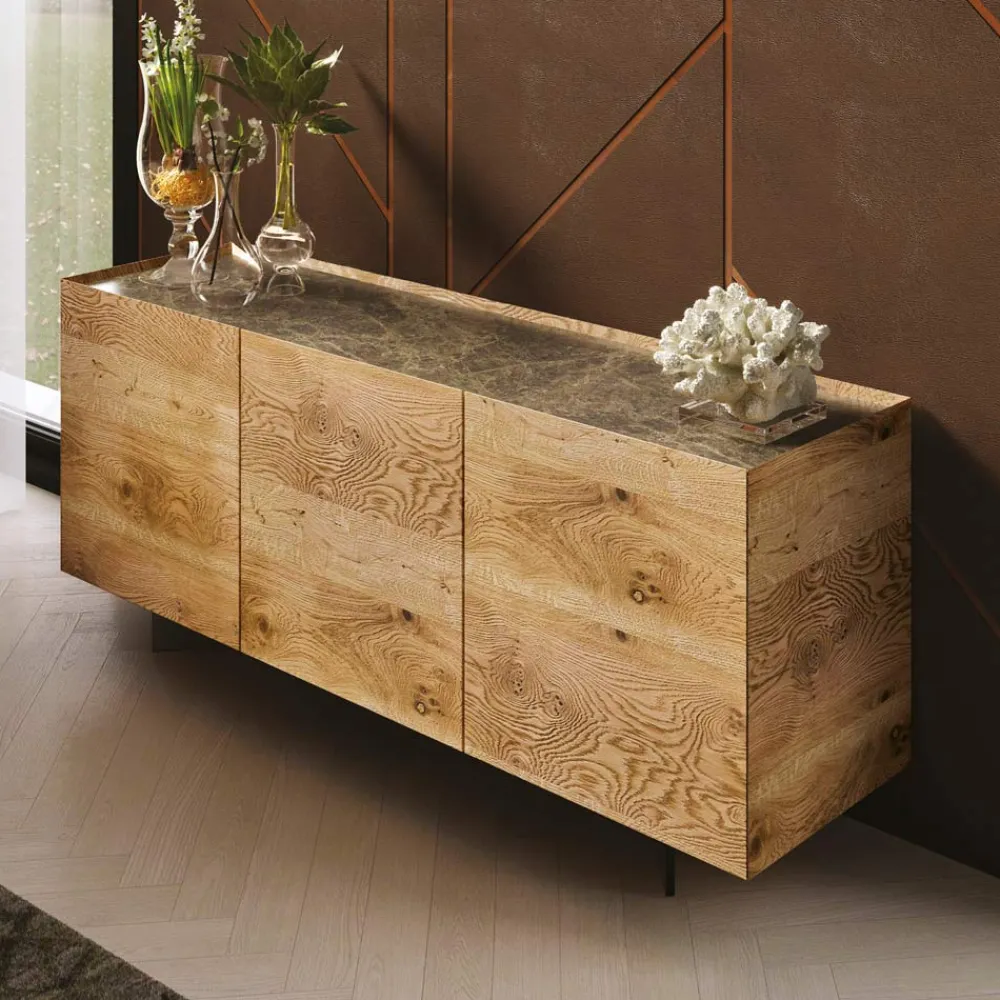 Viadurini Living Anrichte-Sideboard aus Holz mit 3 Türen mit Sockel aus gehärtetem Kristall Made in Italy - Soraya