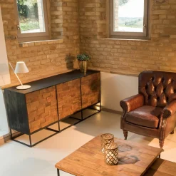 Viadurini Living Sideboards-Sideboard mit 3 Türen aus recyceltem Patchwork-Holz und Metallstruktur - Slide