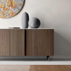Viadurini Living Sideboards-Sideboard mit 2 Türen für Wohnzimmer, aus ökologischem Holz und Metallplatte aus Marmor - Braun
