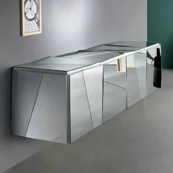Viadurini Living Sideboards-Sideboard mit Wandbehang aus mattweißem Holz und verspiegelten Gläsern - Senese