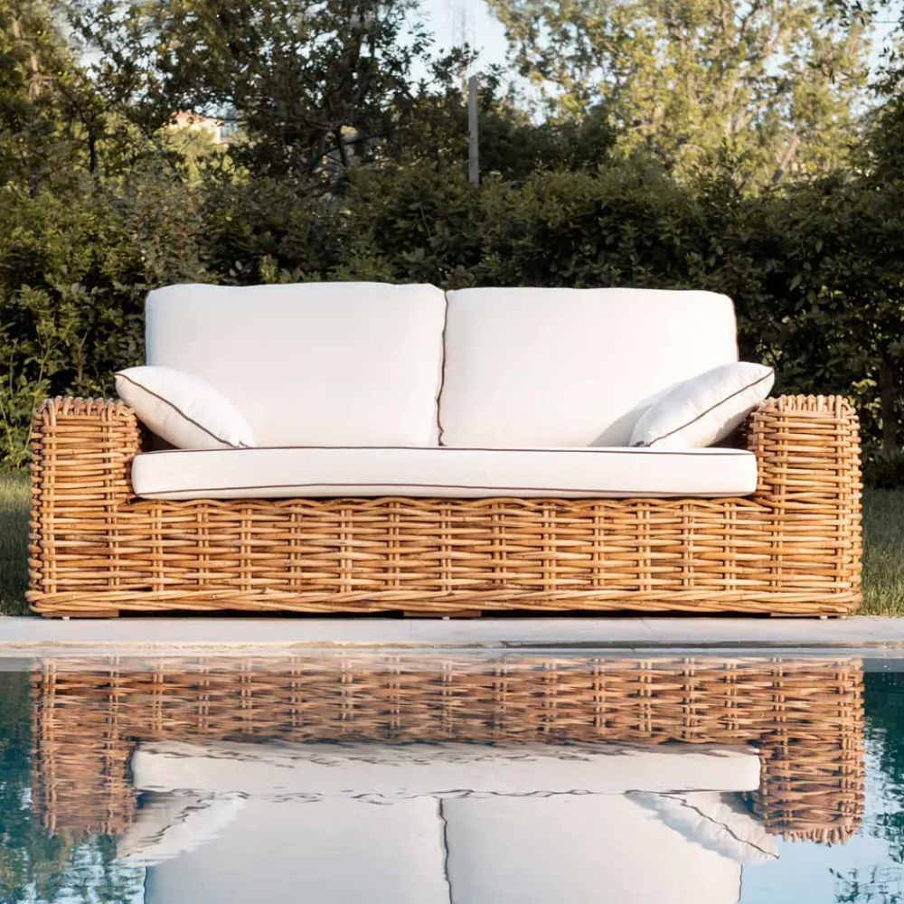 Viadurini in the Garden Gartensofas-3-Sitzer oder Maxi-Gartensofa aus natürlichem Rattan mit Kissen - Keira