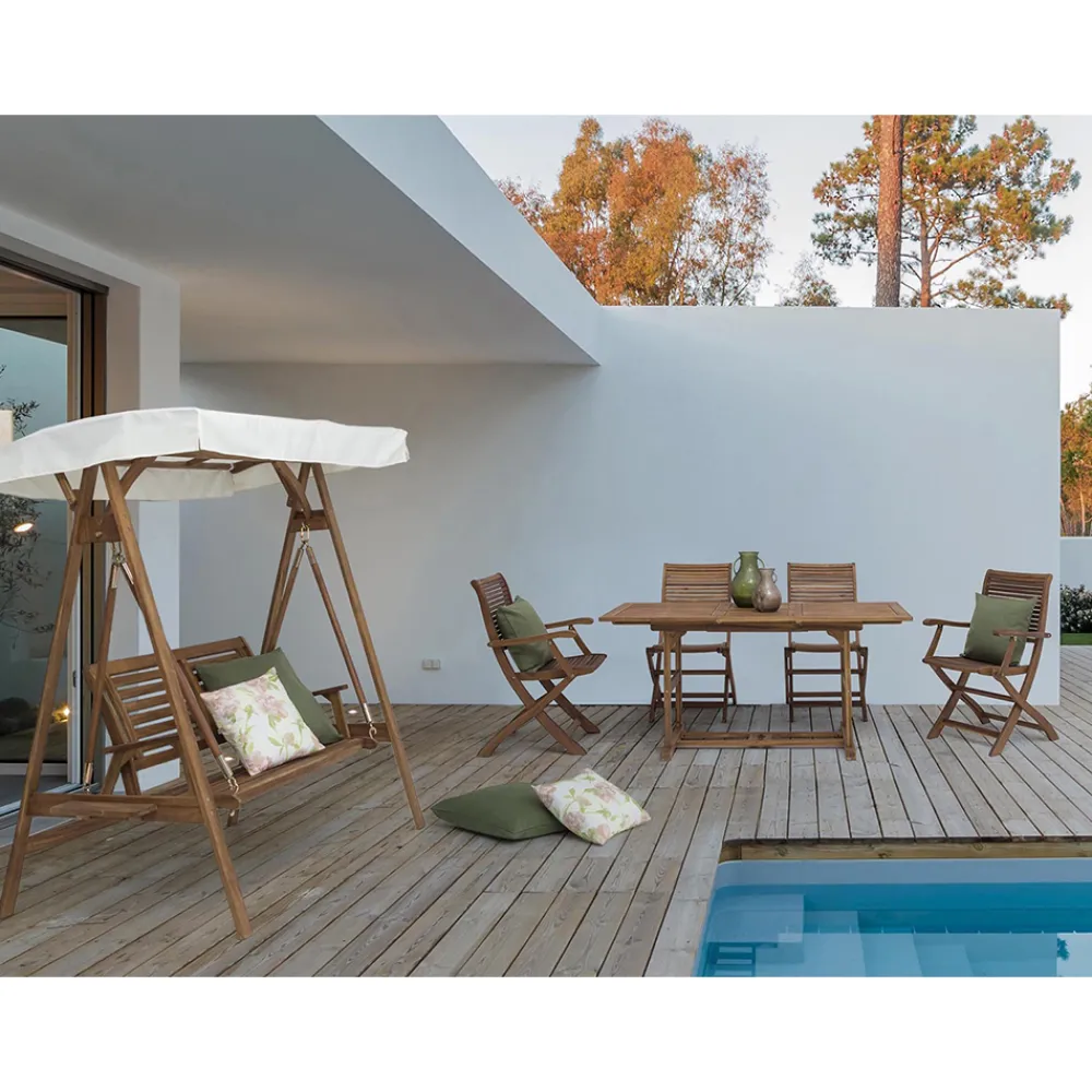 Viadurini in the Garden Gartensofas-2-Sitzer-Schaukelsofa aus Akazienholz mit weißer Leinwand - Roxen