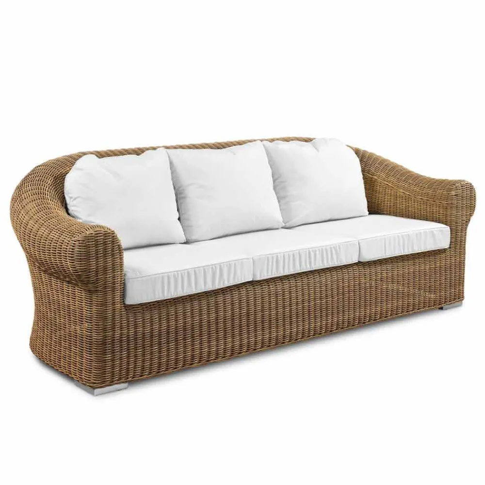 Viadurini in the Garden Gartensofas-3-Sitzer-Sofa im Freien aus synthetischem Rattan und weißem oder Ecru-Stoff - Yves