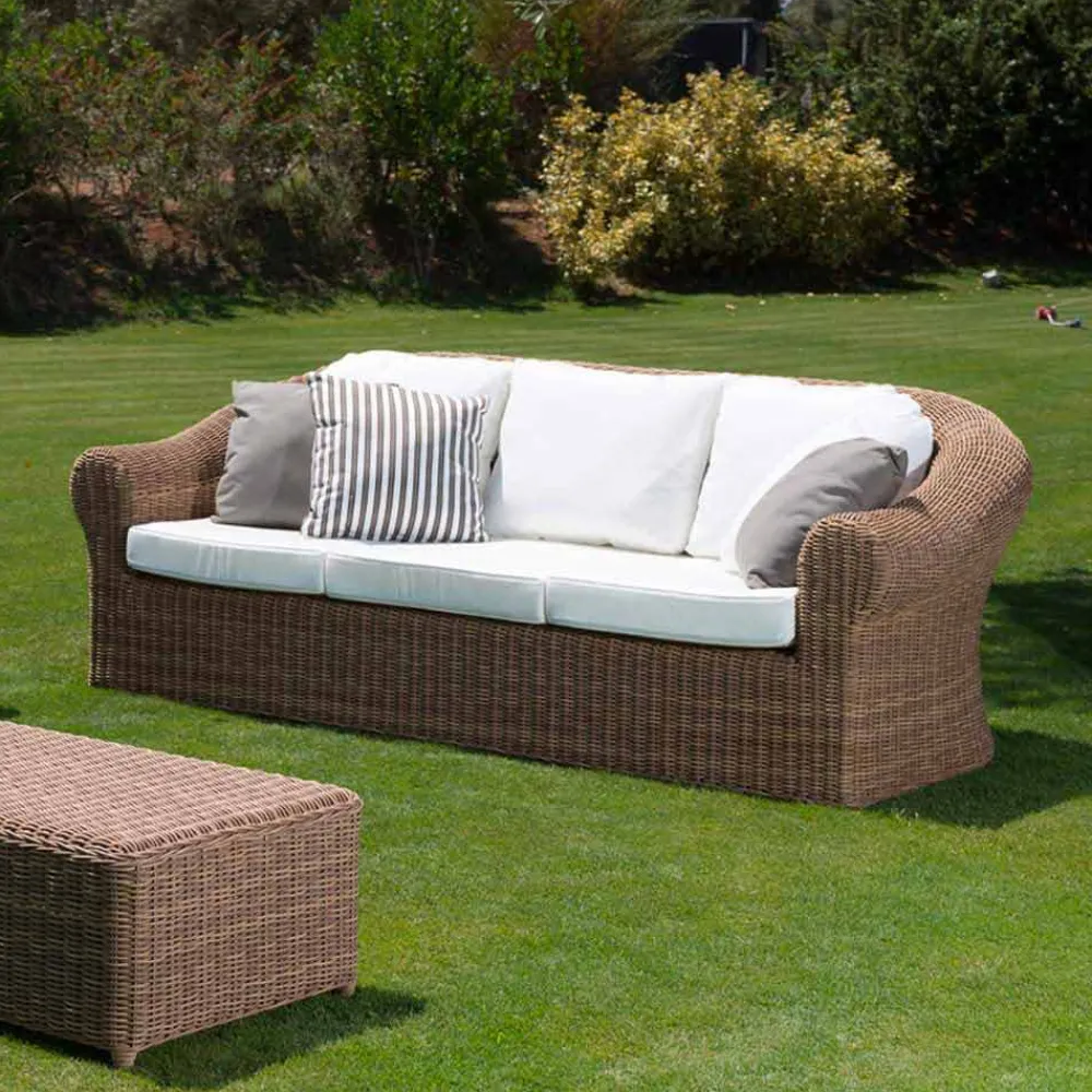 Viadurini in the Garden Gartensofas-3-Sitzer-Sofa im Freien aus synthetischem Rattan und weißem oder Ecru-Stoff - Yves