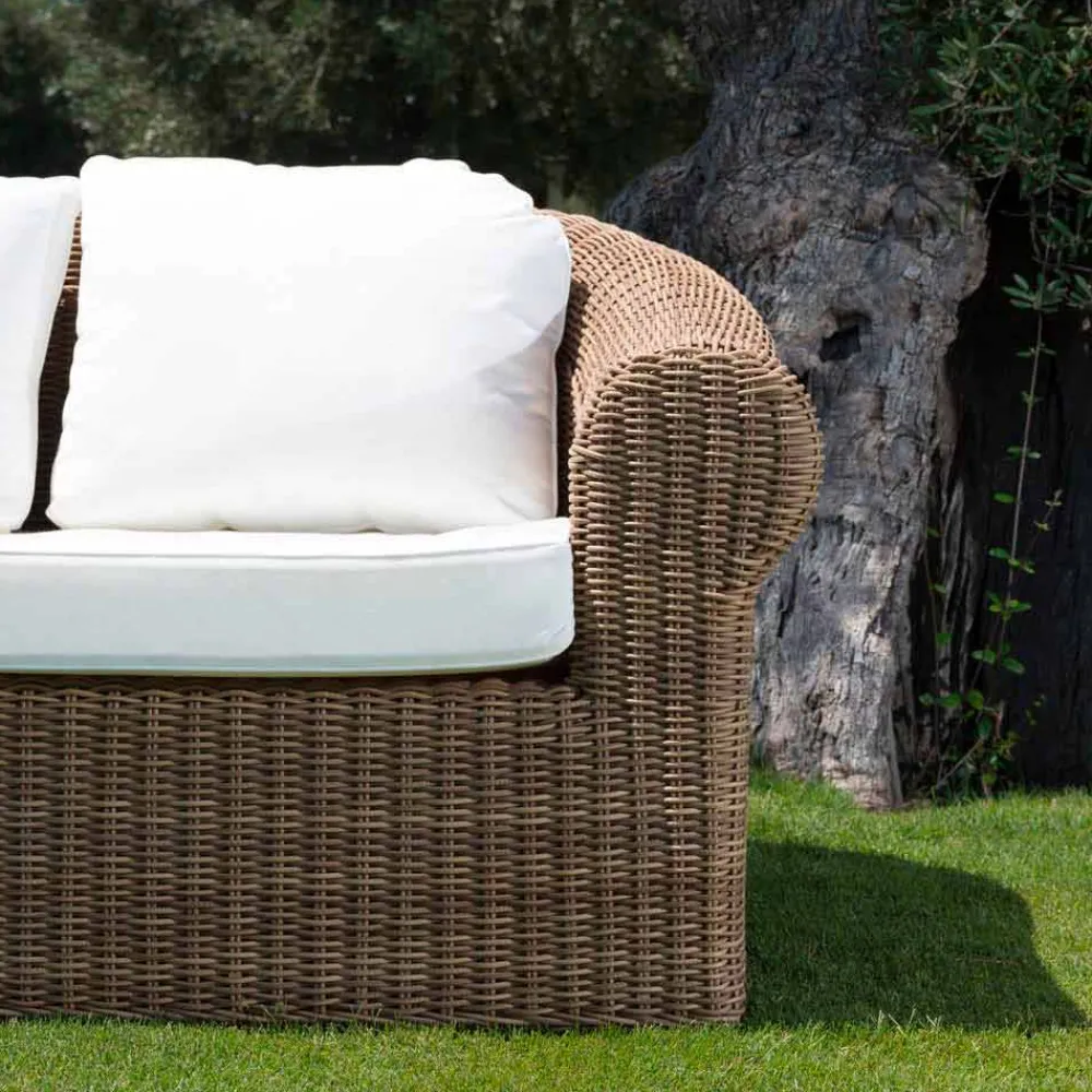 Viadurini in the Garden Gartensofas-3-Sitzer-Sofa im Freien aus synthetischem Rattan und weißem oder Ecru-Stoff - Yves