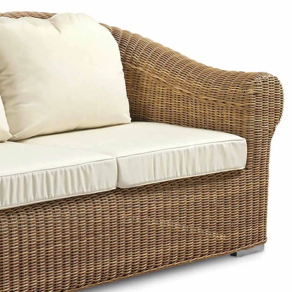 Viadurini in the Garden Gartensofas-3-Sitzer-Sofa im Freien aus synthetischem Rattan und weißem oder Ecru-Stoff - Yves