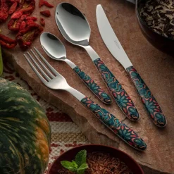 Viadurini Kitchen Besteck Set-Stahl- und Kunststoffbesteck Farbiges Blumendekor 24 Stück - Alessandra