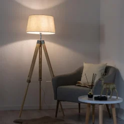Viadurini Lighting Moderne Stehlampen-Stehlampe mit 3-Fuß-Holzfuß und Lampenschirm aus Segeltuch - Evette