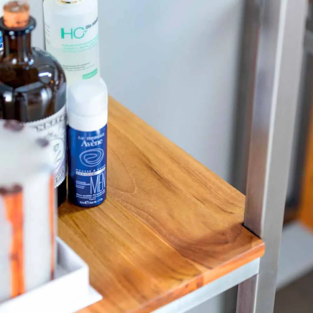 Viadurini Bathroom Badmöbel Stehend-Säulen-Badezimmerschrank aus Teakholz und Stahl mit 4 offenen Regalen - Tamburino