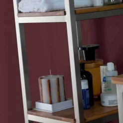 Viadurini Bathroom Badmöbel Stehend-Säulen-Badezimmerschrank aus Teakholz und Stahl mit 4 offenen Regalen - Tamburino