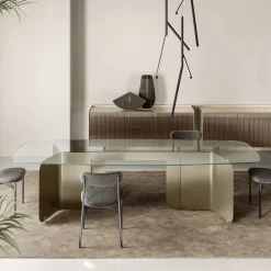 Viadurini Living Esstische-Tisch mit geformter Glasplatte und gebogenem Metallfuß - Piacere