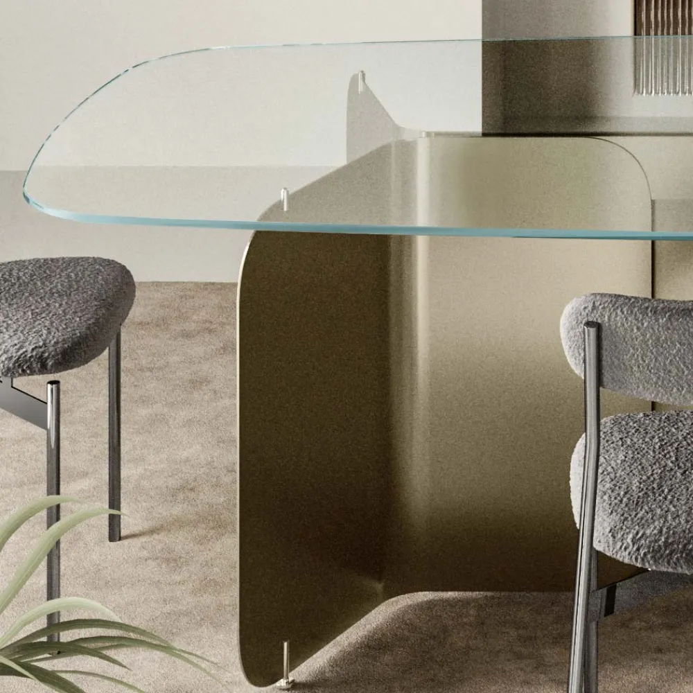 Viadurini Living Esstische-Tisch mit geformter Glasplatte und gebogenem Metallfuß - Piacere