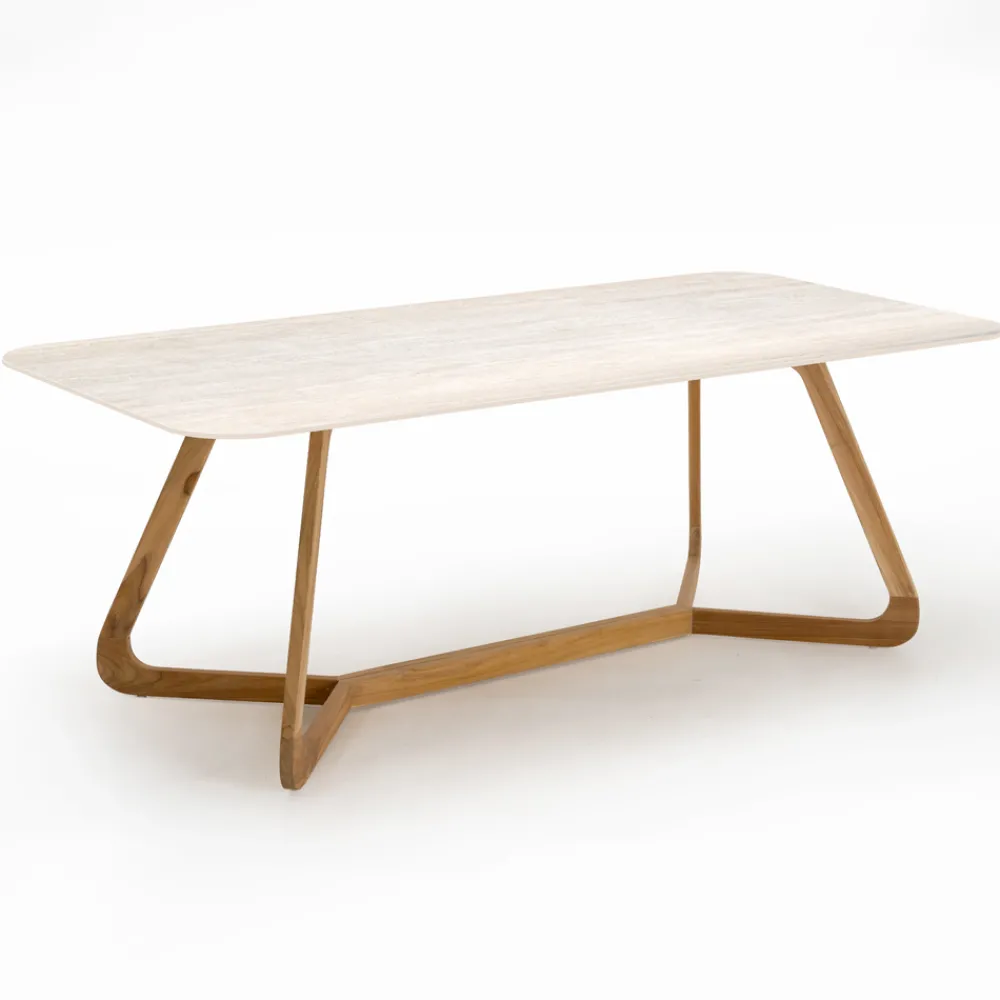 Viadurini in the Garden Gartentische Fest|Gartentische Aus Teakholz-Tisch mit Holzsockel und Keramikplatte aus Travertino Chiaro - Infinity