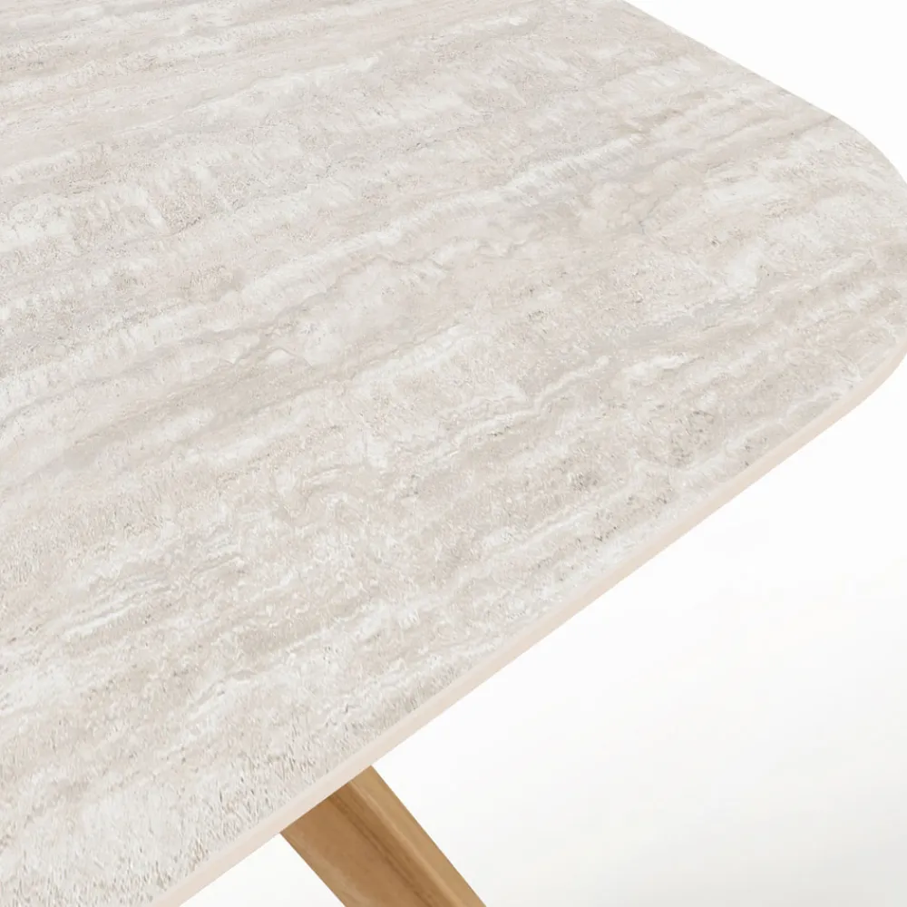 Viadurini in the Garden Gartentische Fest|Gartentische Aus Teakholz-Tisch mit Holzsockel und Keramikplatte aus Travertino Chiaro - Infinity