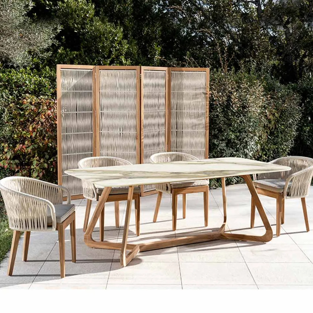 Viadurini in the Garden Gartentische Fest|Gartentische Aus Teakholz-Tisch mit Holzsockel und Keramikplatte Calacatta Hermitage - Infinity